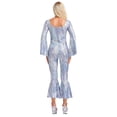 thumbnail image 3 of Sxiwei Womens 70's Disco Jumpsuit Shiny Metallic Bell Bottom Romper Vintage Hippie Costume Jazz Silver S, 3 of 7