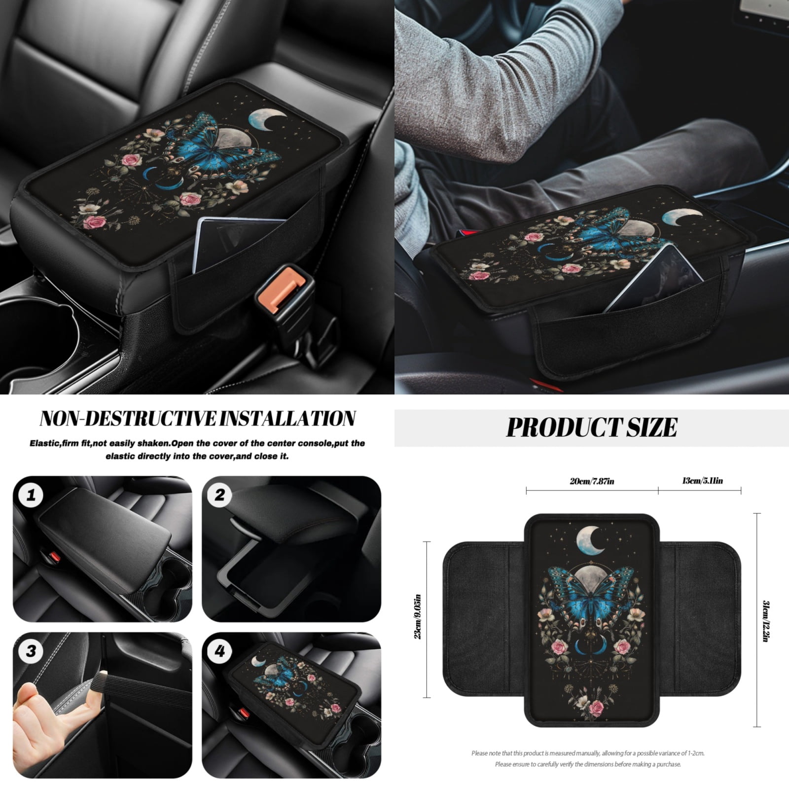 Jeiento Butterfly Car Seat Covers Full Set with Steering Wheel Cover Safe Belt Pads Moon Handbrake Cover Set Coasters Garbage Bin Rear View Mirror Cover Center Console Cover, 14 PCS