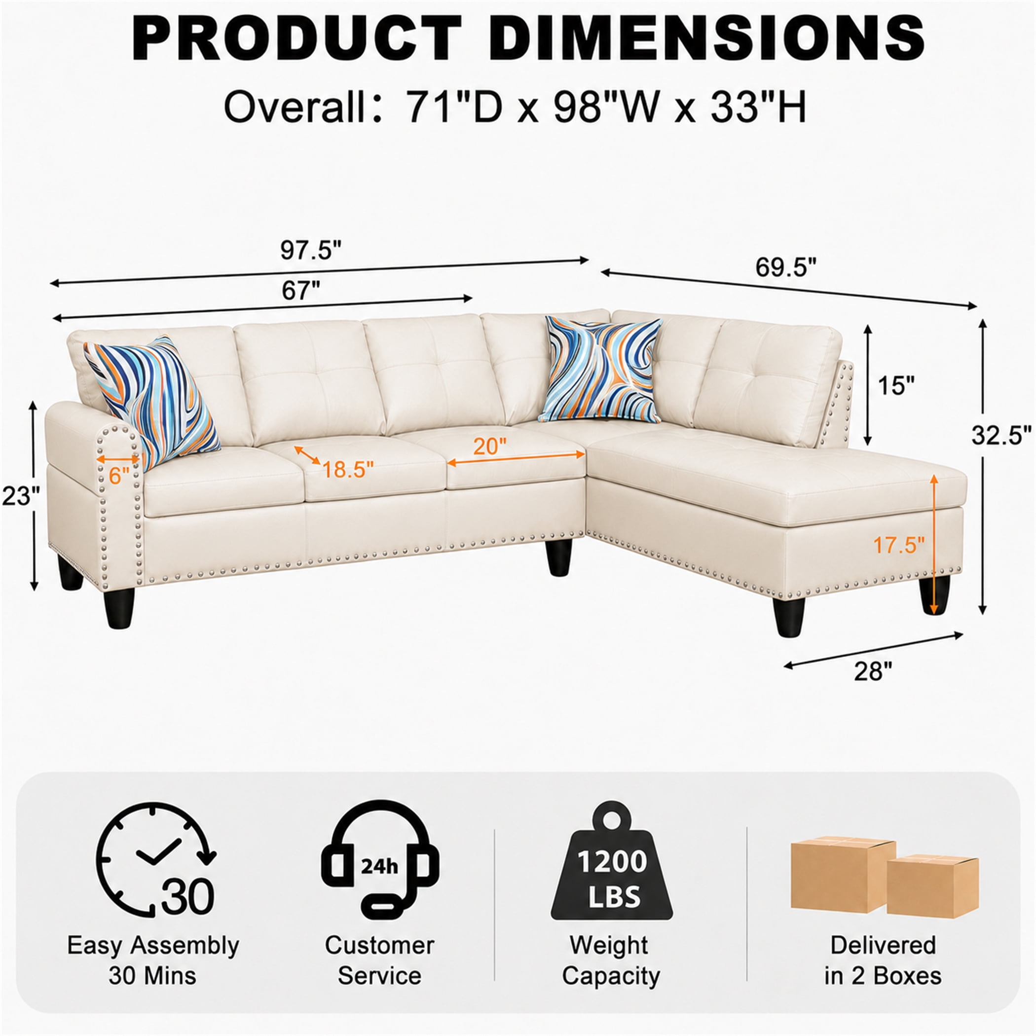 Aukfa 98" L Shaped Sectional Couch with Cup Holder Console, Tufted Back&Nailhead Trim, Oversized Right Chaise Leather Sofa for Living Room, White