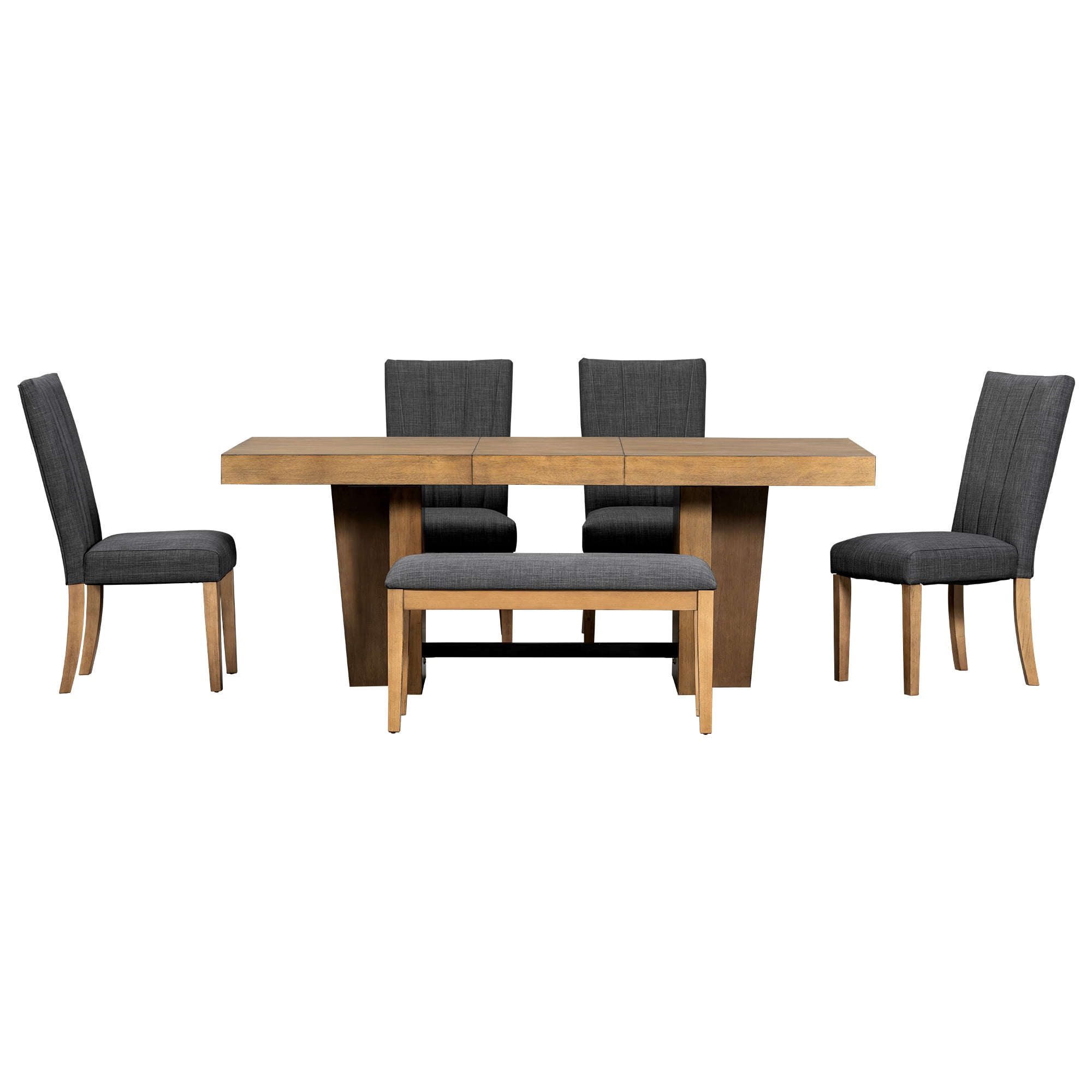 Euroco 6-Piece Farmhouse Dining Table Set,76" Extendable Kitchen Table with 1 Bench and 4 Upholstered Chairs,Wood Rectangular Dining Set for 6,Gray