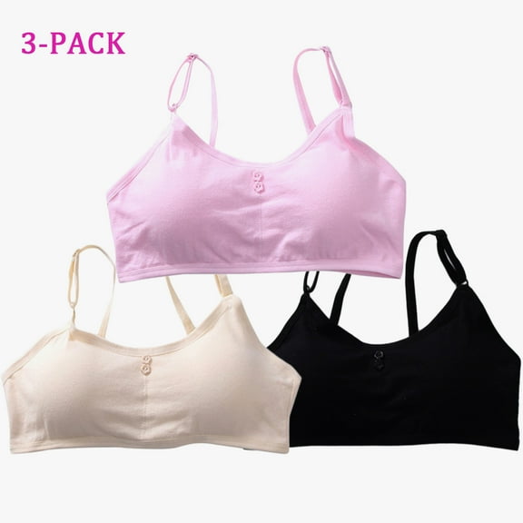 Girls Pads Adjustable Straps Cotton Bra,3-Pack Teenage Wirefree Bralette Back Closure Training Bras