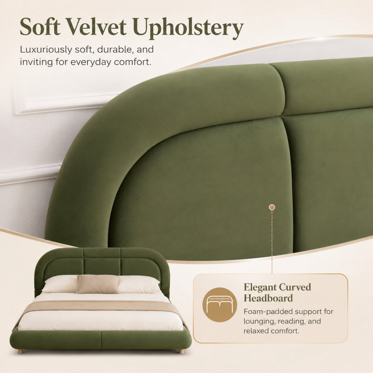 Miniyam King Size Velvet Upholstered Bed Frame with Curved Headboard, Platform Bed with Wood Slats, No Box Spring Needed, Green
