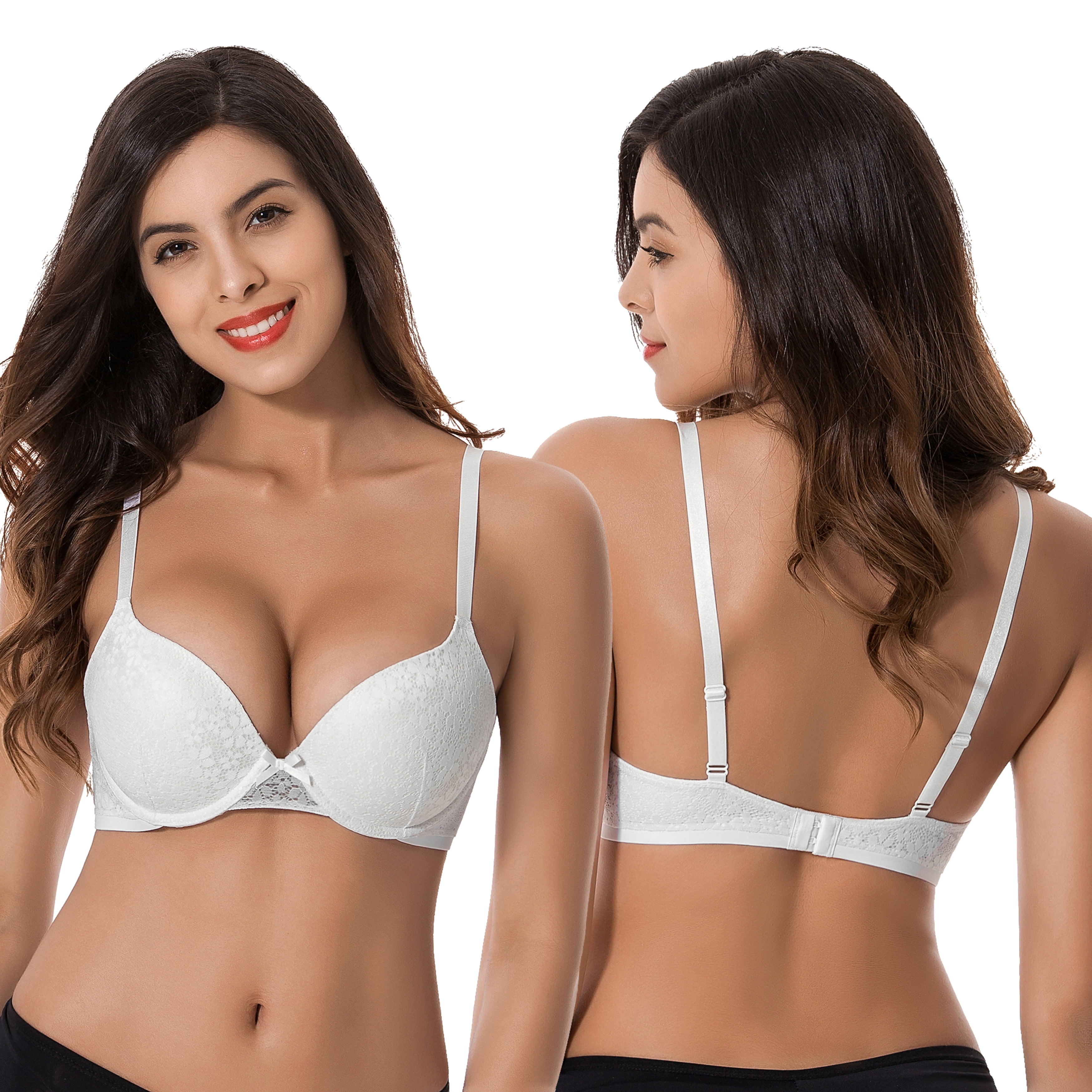 Curve Muse Women's Plus Size Perfect Shape Add 1 Cup Push Up Underwire Lace Bras-2Pk-Black,White-36DDD