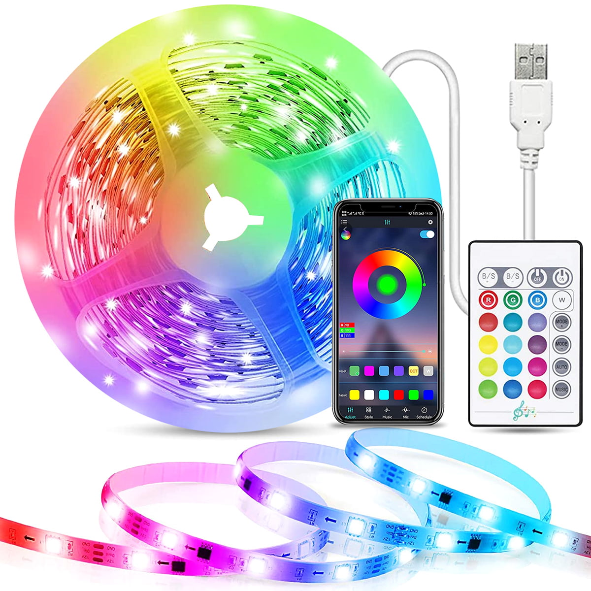 16.4ft Flexible RGB Strip Light Color Changing, ONO TECH LED Rope Lights 