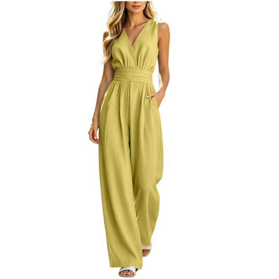 gakvbuo Summer Jumpsuits For Women Casual Dressy Sleeveless Suspender Romper Solid Color V-Neck Wide-Leg Pants High Waist Long Pants With Pocket