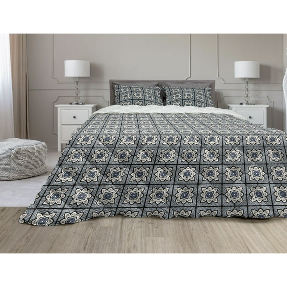 Moroccan Comforter & Sham Bedding Set, Floral Inspired Oriental Damask Illustration, 3 pcs Duvet Set Microfiber Filling Quilt, 5 Sizes, Eggshell Night Blue, by Ambesonne