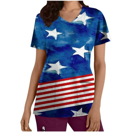 

Gaecuw Patriotic Scrub Tops Independence Day Going out Tops for Women V Neck with Pockets Short Sleeve Workwear T Shirt Top Patriotic Shirts for Women Usa Themed Graphic Tees American Flag Clothing