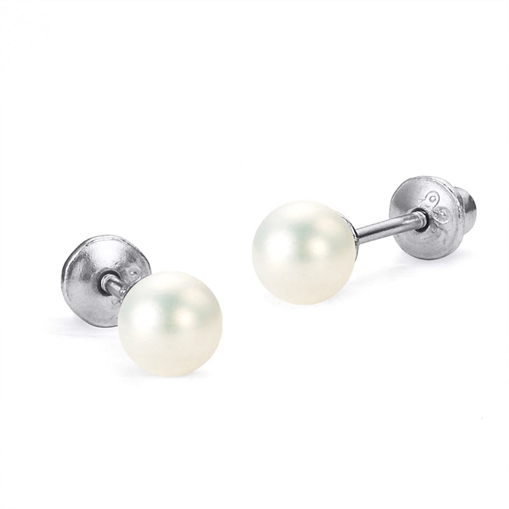 Sterling Silver Rhodium Plated 4mm Simulated Pearl Screwback Baby Girls Earrings