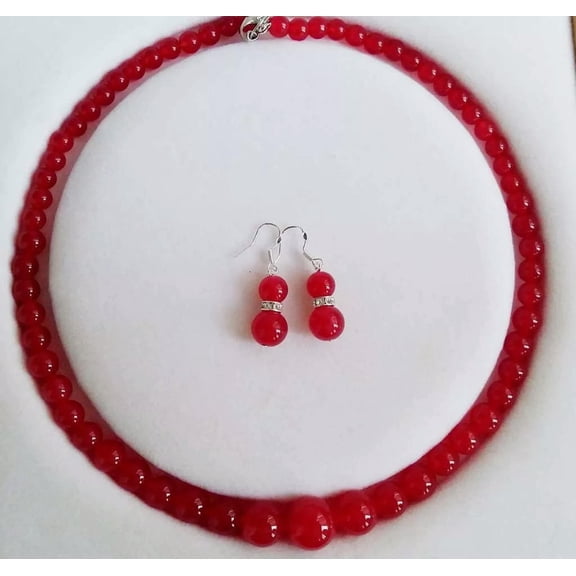 K-KED Fashion 6-14mm Genuine Red Jade Gemstone Round Beads Necklace Earrings Set 18''
