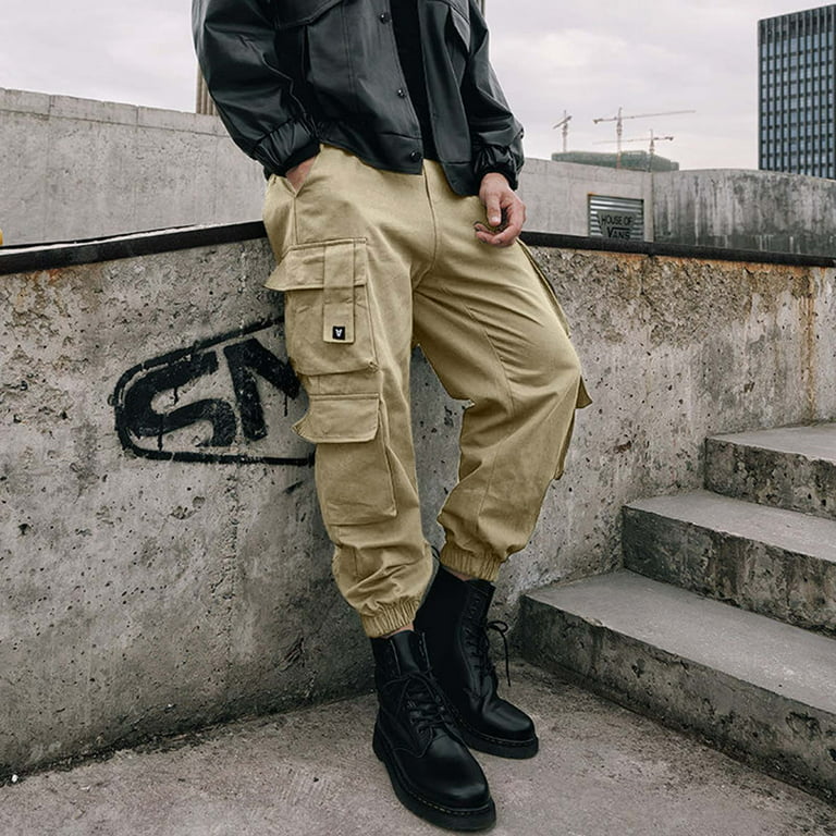 Khaki Cargo Pants Men Fashion Sports Casual Pants Elastic Waist Straight  Leg Loose Pants