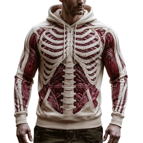 CONZONE Mens Halloween Hoodies Long Sleeve Pullover Hoodie for Men Spooky 3D Skeleton Graphic Hooded Sweatshirts with Pocket