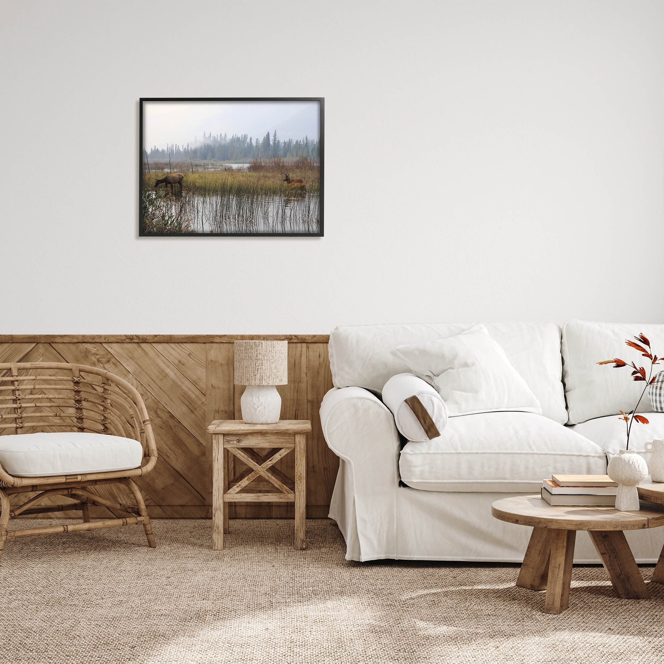 Animals Grazing Creek Landscape Landscape Photograph Black Framed Art Print Wall Art