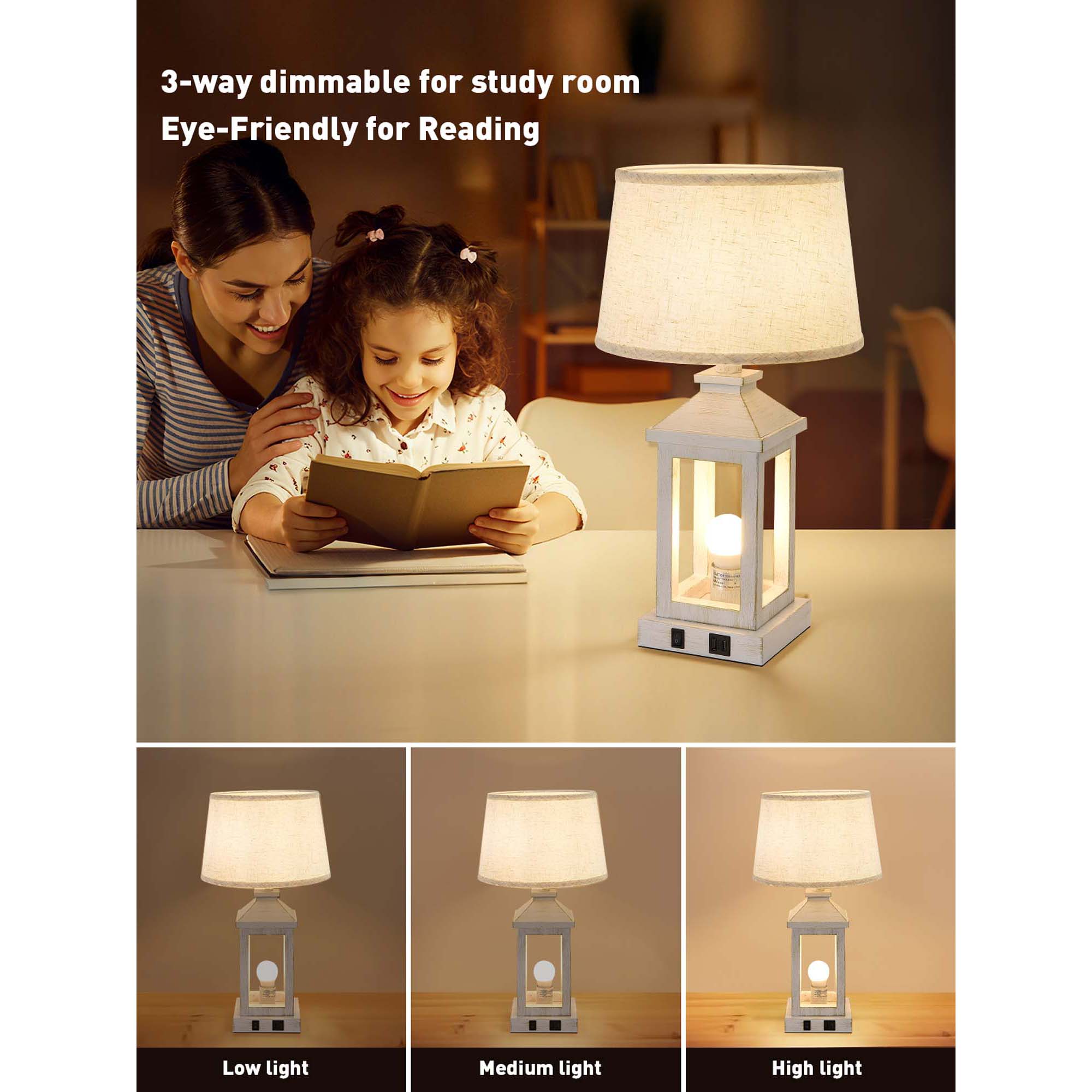 Miniyam 12" W * 20.5" H Set of 2 Vintage Table Lamps for Office, Nightstand Lamp with USB C+A & Outlet Bedside Lamps for End Table, Including Light Bulbs (White Gold)