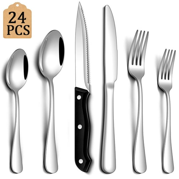 MYVIT Silverware Set 24 Piece - Forks and Spoons Sets, Service for 4, Stainless Steel, Dishwasher Safe, Home Kitchen Daily Use, Mirror Polished Cutlery Utensil Set​