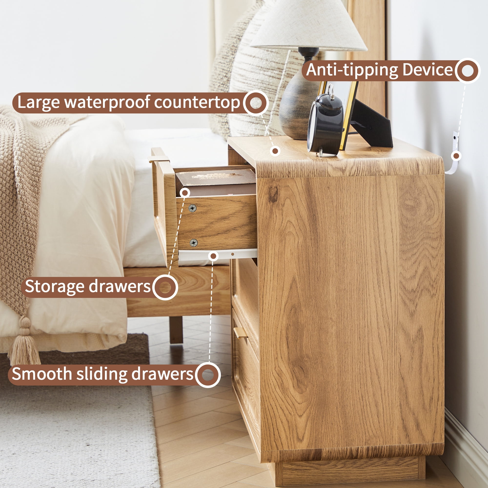 Set of 2 Mid-Century Modern 3-Drawer Dresser & Nightstand, Wood Storage Cabinet for Bedroom, Living Room or Entryway, Farmhouse Bedside Table, Oak