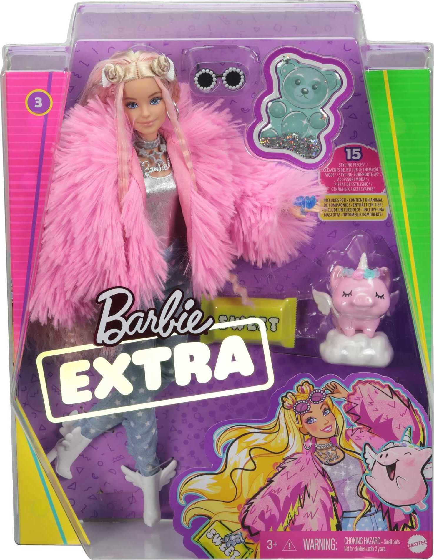 Barbie Extra Fashion Doll with Crimped Hair in Fluffy Pink Coat with Accessories & Pet - image 7 of 7