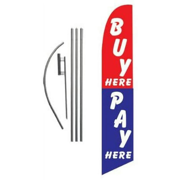 Buy Here Pay Here red/blue 15ft Feather Banner Swooper Flag Kit - INCLUDES 15FT POLE KIT w/GROUND SPIKE