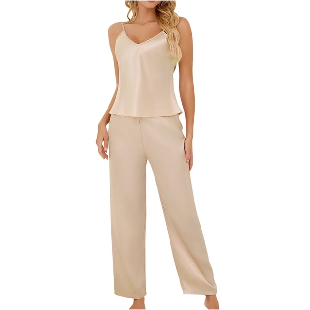 Timegard Ensembles 2 Pcs pour Femmes Pyjamas en Satin Tenues Bretelles Ajustables Dos Nu Camisoles Amples Pantalons Confortables