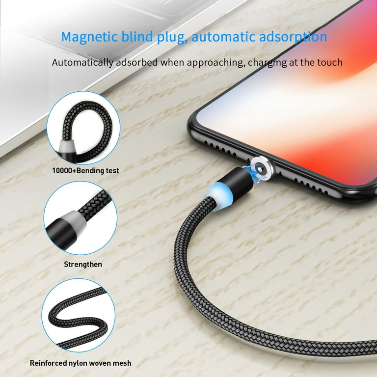 Monetario Alienación Cuidado Magnetic Charging Cable, Nylon Braided USB 3A Fast Charging Cord with LED  Light, Universal 3 in 1 Magnet Phone Charger Compatible with Micro USB,Lighting,Type  C Devices(Black,6.6ft) - Walmart.com