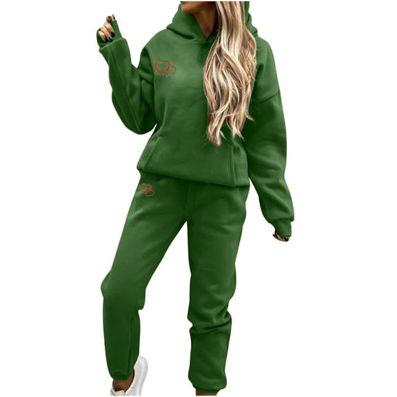 IROINNID Sweatsuit For Women 2 Pieces Set Valentine's Day Solid Color Printed Hooded Long Sleeved Sweatshirts Casual Long Sleeved Hooded Suit Jogging Suit,Olive Green