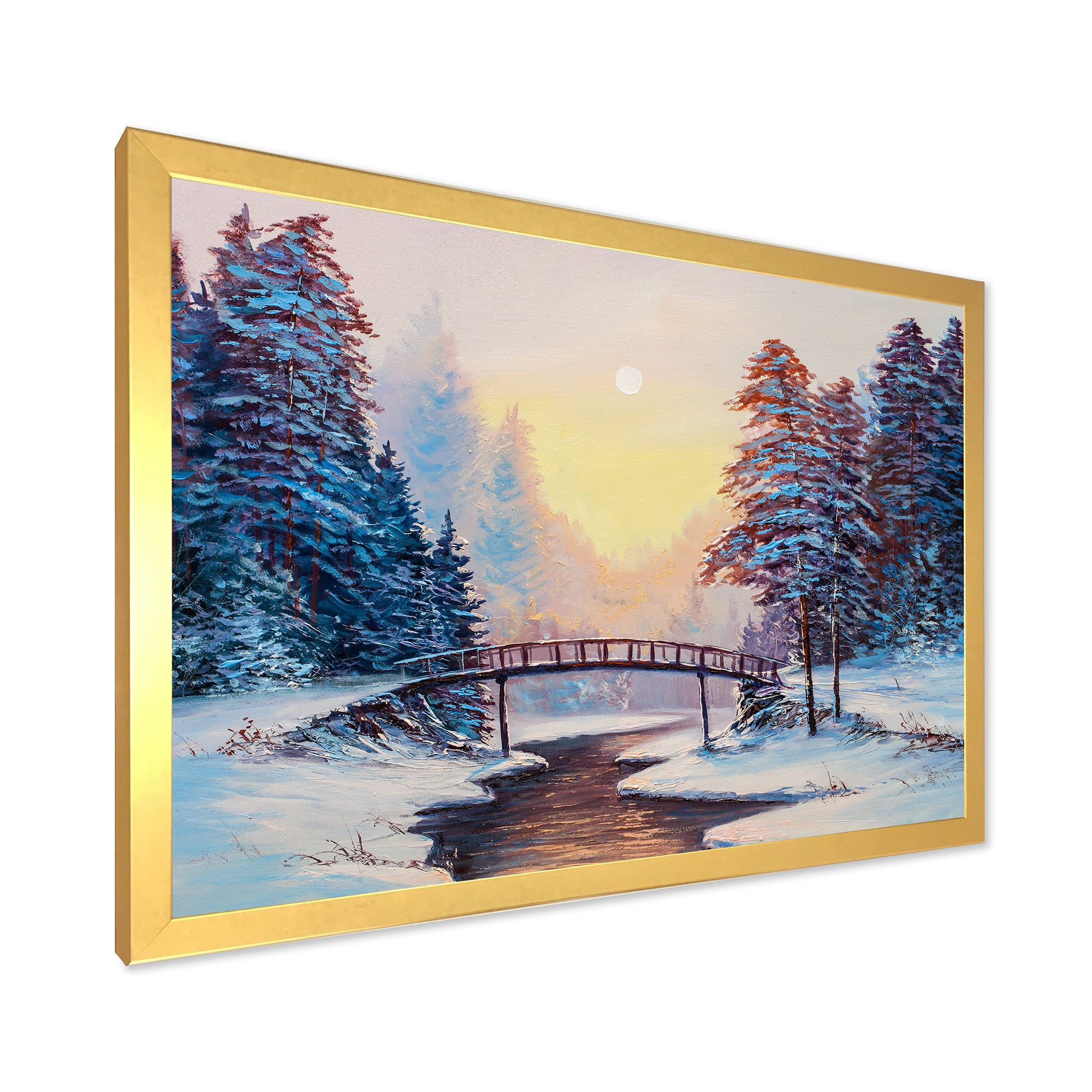 Designart 'Snow Covered Landscape and Little Bridge' Traditional Framed Art Print