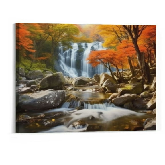 Creowell  Landscape Canvas Wall Art Waterfall Nature Forest Scenery Painting, Modern Scene Artwork Mountain Scenery Picture Framed for Living Room Bedroom Bathroom Home Office Decor-20x16inch