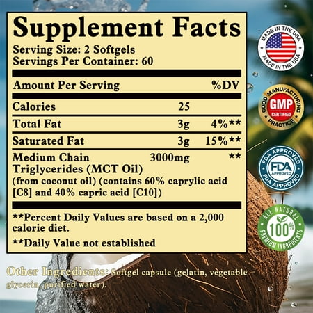 Coolkin MCT OIL Capsules 3000mg -Weight Loss,Digestive Support,Brain,Skin Health 120pcs (1/3/5 Pack)