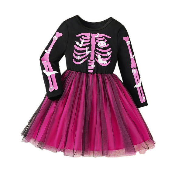 MEZZALL Girls Halloween Skeleton Print Long Sleeve Dress With Mesh Skirt For Toddler Kids Casual Outdoor Party Wear Comfortable Breathable Soft Fabric Daily Wear Cozy / 3-4 Years