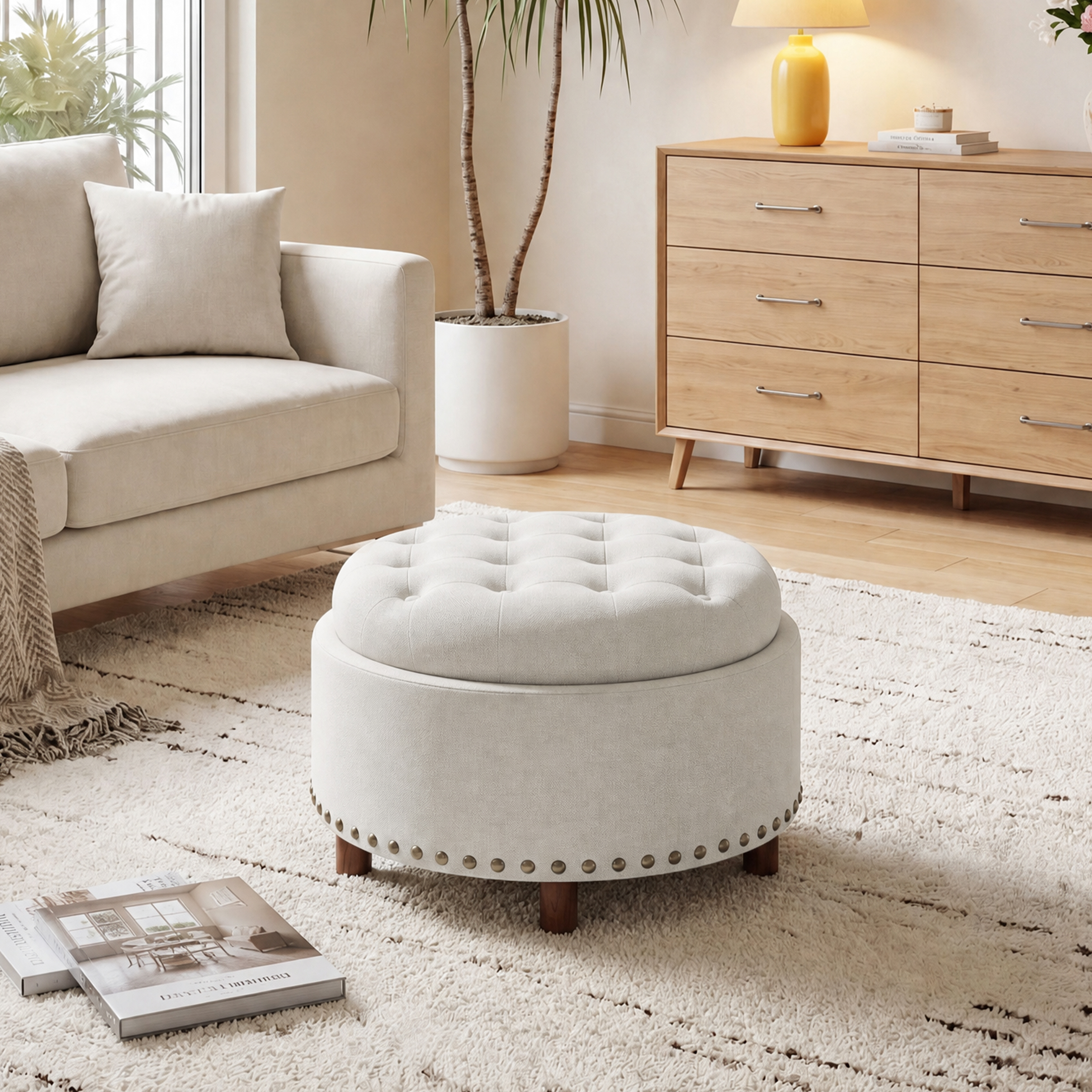 AFO Round Storage Ottoman with Tray, Beige Upholstered photo 8