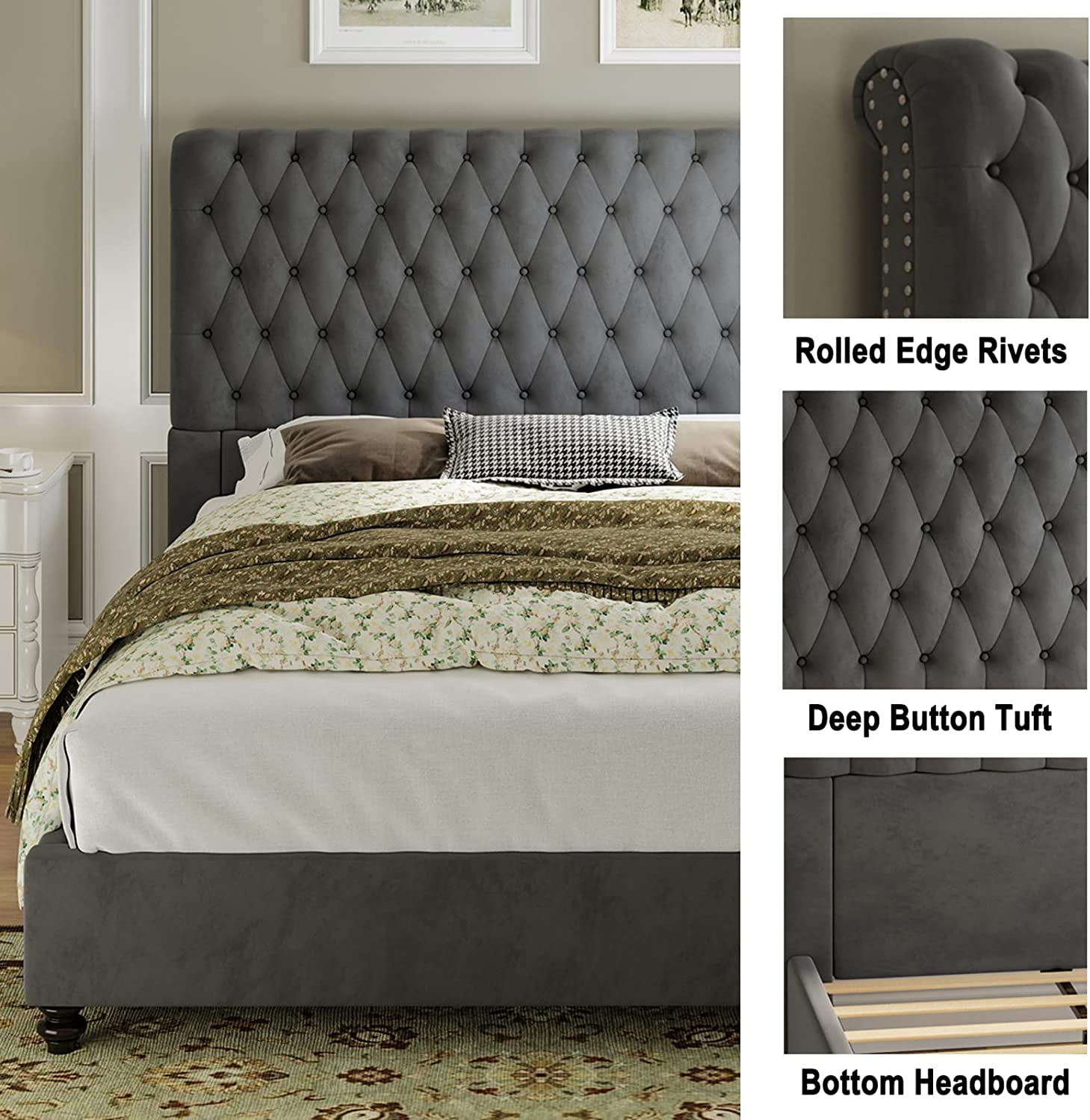 VanAcc Upholstered King Bed Frame with Velvet Tufted and Sleigh Headboard,Gray