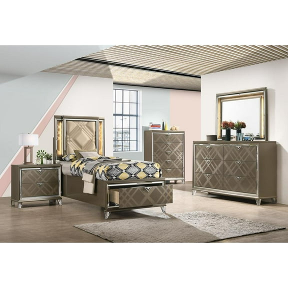 ACME Skylar Twin Bed w/Storage & LED, LED, Synthetic Leather & Dark Champagne