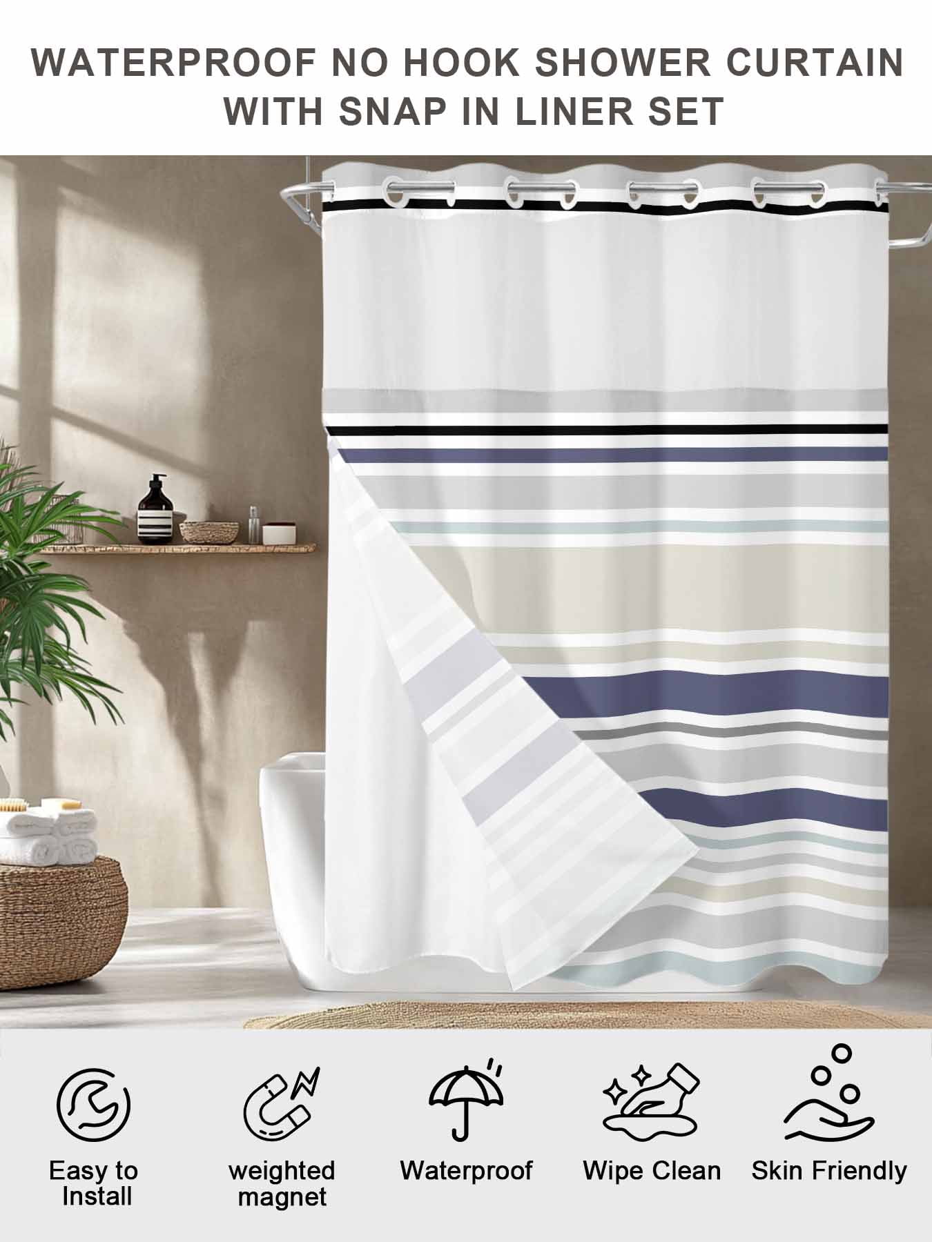 No Hook Shower Curtain with Snap in Liner,Classic Stripes Retro Waterproof Bath Curtain Double Layers with See Through Top Window,Blue Beige White Hotel Shower Curtains 72x72in