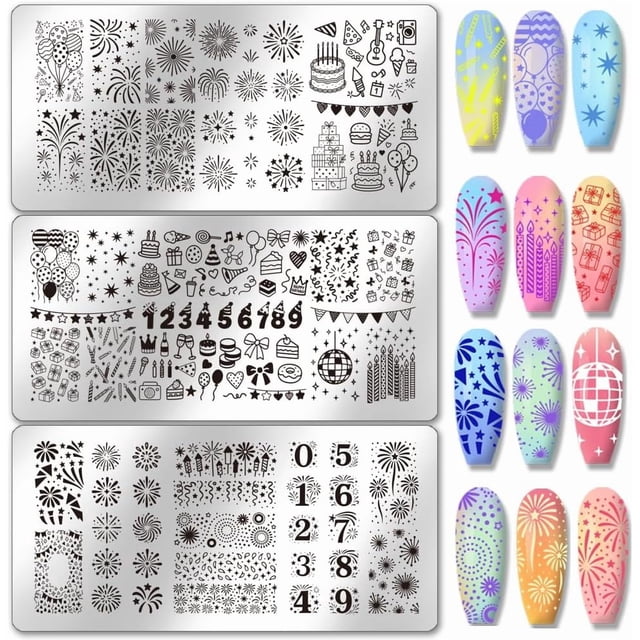 Juego de 3 placas para estampar uñas con diseño de fuegos artificiales para fiestas de cumpleaños. Plantillas para manicura con números y motivos de pasteles. Elementos para celebraciones.