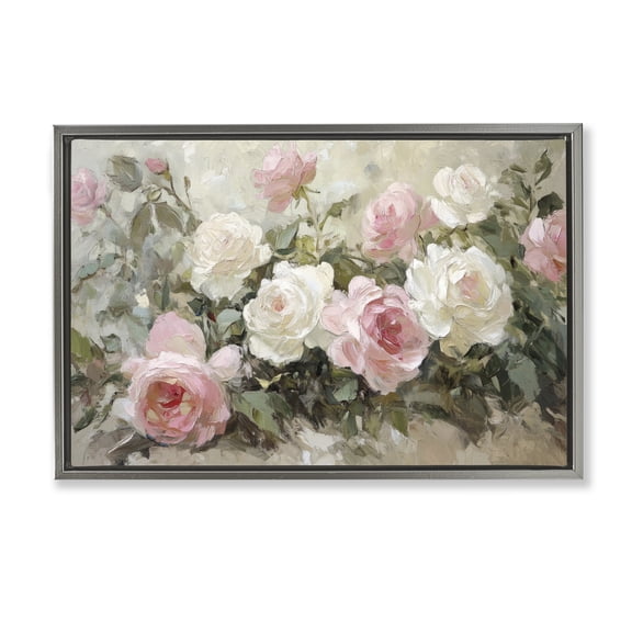 Stupell Industries Rose Bouquets Pink and White Gray Framed Floater Canvas Wall Art, design by Petal Prints Design