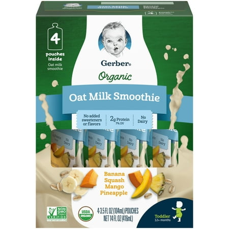 Gerber Graduates Organic Oat Milk Smoothie, Banana Squash Mango Pineapple, 3.5 fl oz Pouch (16 Pack)