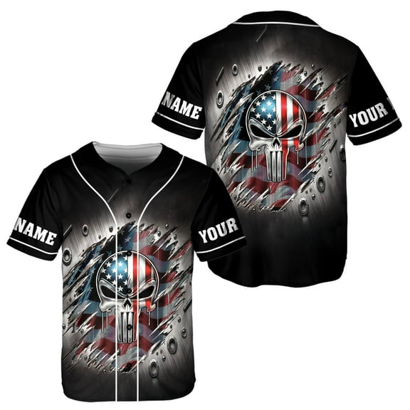 Lotusprinthandmade Personalized Skull America Flag Baseball Jersey XS-5XL Multicolor (XS), custom name patriotic skull jersey, america flag skull button-up shirt