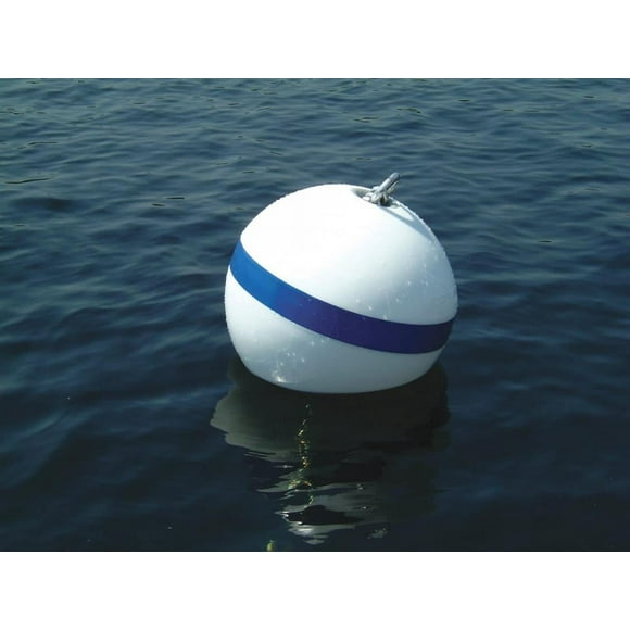 Taylor Made Mooring Buoy 46375 Sur-Moor; 30 Inch Diameter/95 Inch Circumference; 3 Inch Tube-Through-Center Diameter; White With Blue Stripe; Closed Cell Foam Core With Polyethylene Shell