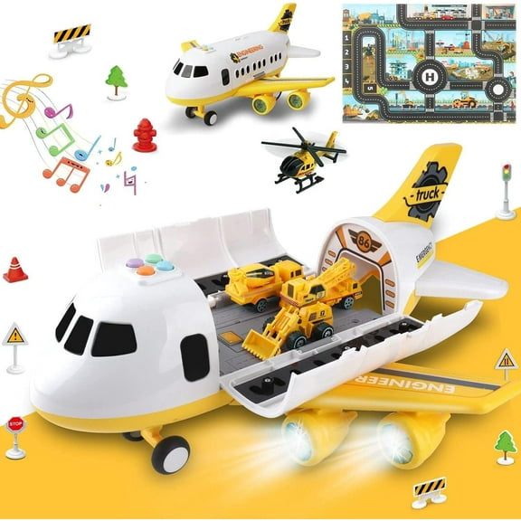 Dwi Dowellin Airplane Toy with Fire Truck Cars and Play Mat,Plane with Lights and Sounds for 3   Years Old Boys and Girls