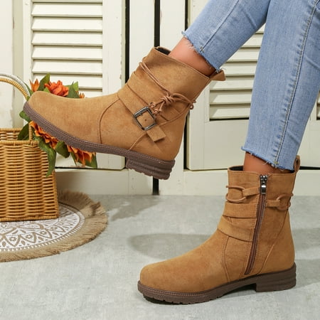 

Women Buckle Decor Tie Side Faux Suede Boots Casual Single Boots Ladies Shoes Short Boots X Boots