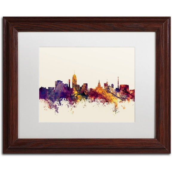 Trademark Fine Art "Lansing Michigan Skyline" Canvas Art by Michael Tompsett, White Matte, Wood Frame
