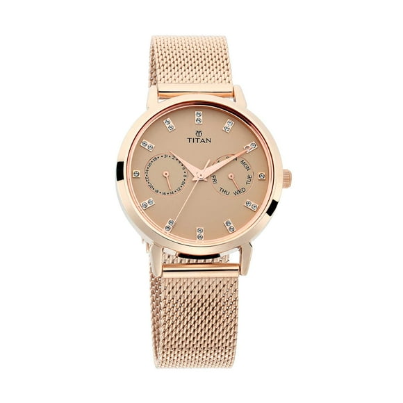 Titan Sparkle Womens Multi-Functional Dress Watch with Swarovski Crystals | Quartz, Water Resistant, Mesh Band | Gold Band and Gold Dial, Gold, Contemporary
