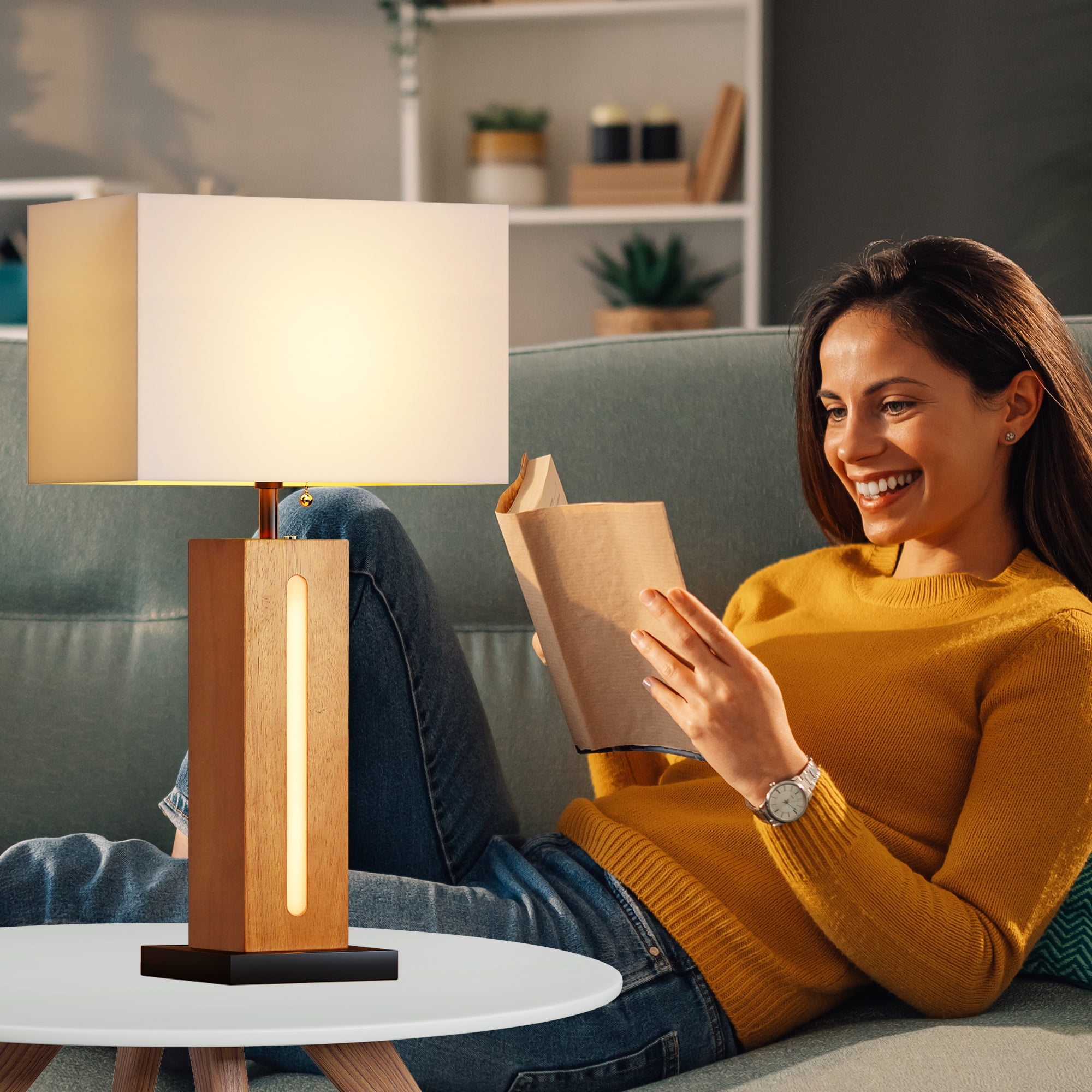 22" Rustic Wood Grain Bedside Lamps Set of 2, Modern Square Dimmable Table Lamp with Shades LED Bulbs for Living Room