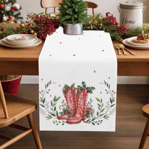 Burlap Table Runner 36 Inches Long,Western Cowboy Red Boots Non-Slip Kitchen Table Runners for Dining Room Everyday Use Party Table Decorations Winter Christmas Watercolor Leaf