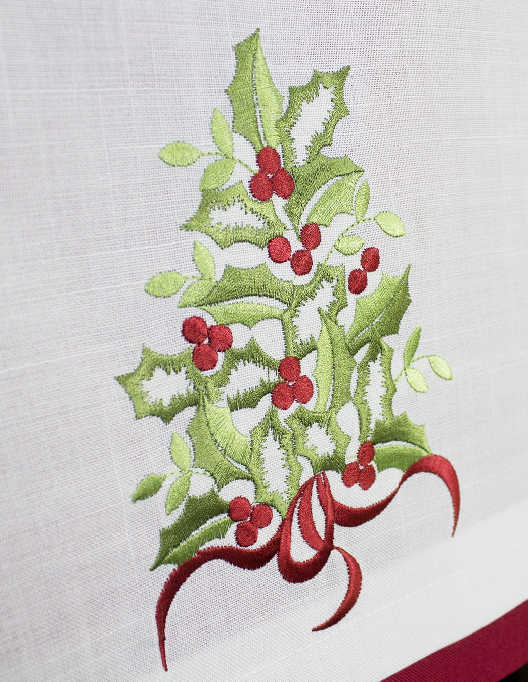 Embroidered Holly Christmas Tree Double-Layer Holiday Decorative Table Runner (Red+White Runner 16"x78")