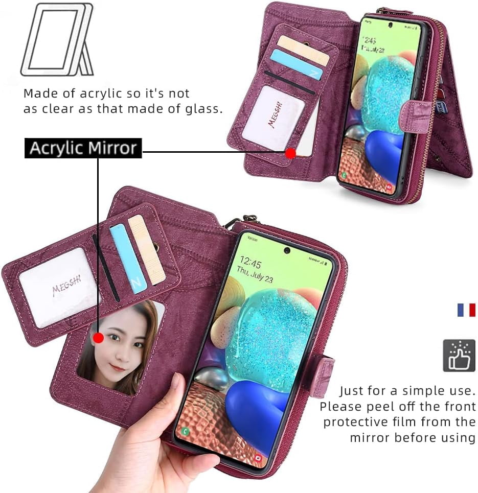 Phone Case for Samsung Galaxy A71 5G Zipper Wallet Detachable Cover with Screen Protector and Leather Flip Mirror Card Holder Slot Cell Accessories Mobile A 71 G5 71A S71 SM Women Men Wine Red
