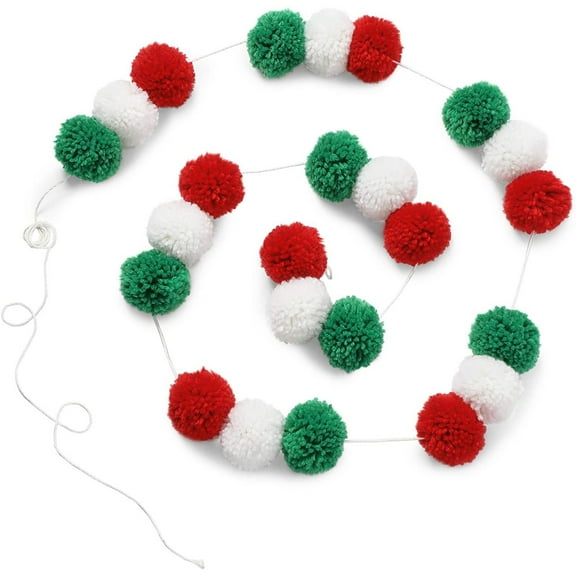 Wool Pom Pom Garland Decor for Christmas Party (Red, White, Green, 10 Feet)