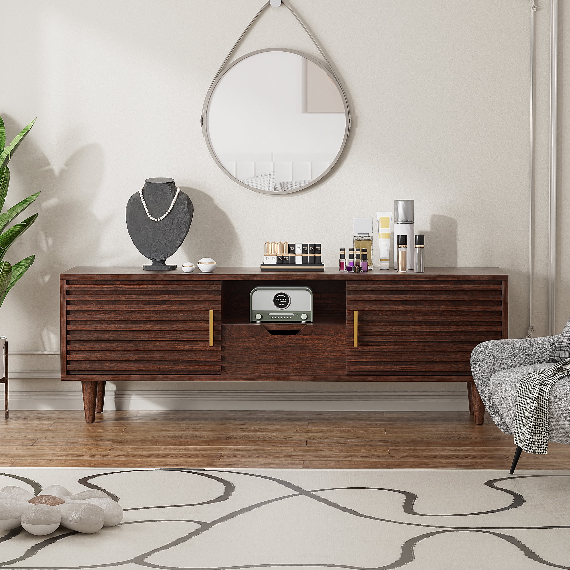 Alohappy Mid-Century Modern TV Stand for TVs up to 60 inch, Sliding Door Wood TV Console with Storage Cabinet, Home Media Entertainment Center for Living Room (Vintage Brown)