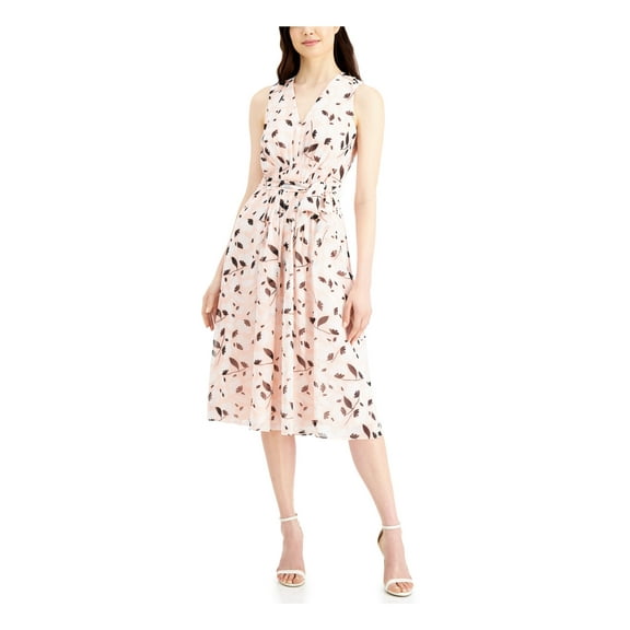 ANNE KLEIN Womens Pink Pleated Belted Sheer Lined Floral Sleeveless V Neck Below The Knee Evening Fit   Flare Dress 14