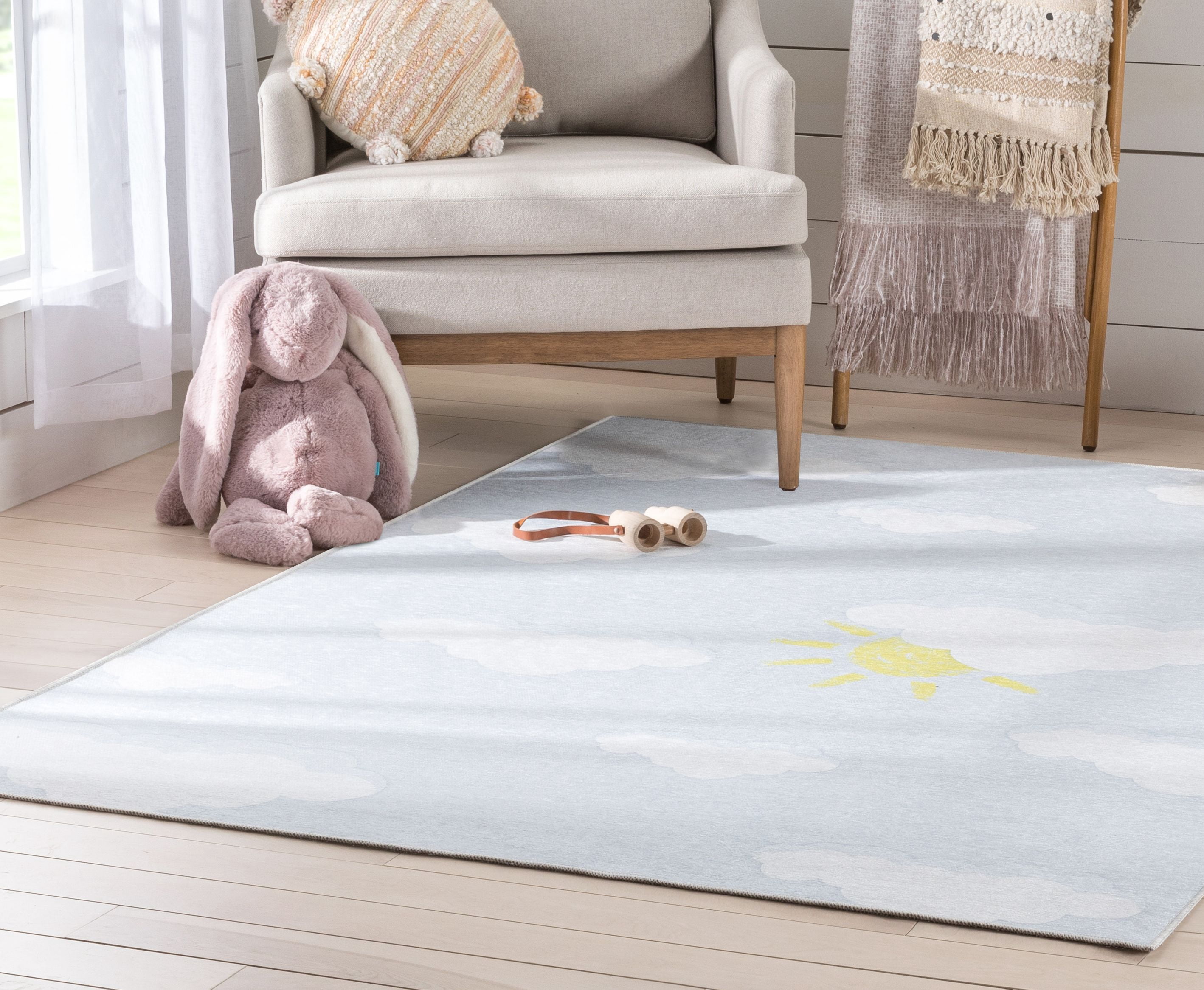 Well Woven Kids Rugs Cloud 9 Sun Modern Grey Light Blue Printed Distressed Machine Washable 5' x 7' Area Rug