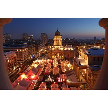 Mosaic Church Christmas Market Germany, Berlin, Dusk, Gendarmenmarkt, German Church and Christmas Market from Above Print Wall Art By Catharina Lux ()